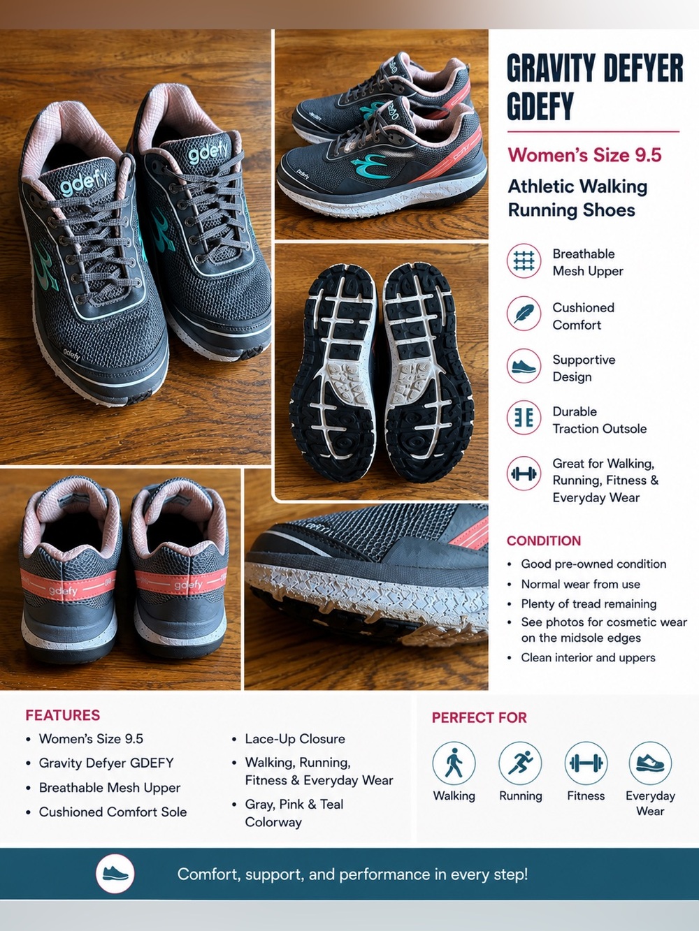 GDEFY Athletic Walking Running Shoes Women’s Size 9.5 Gray Pink Teal